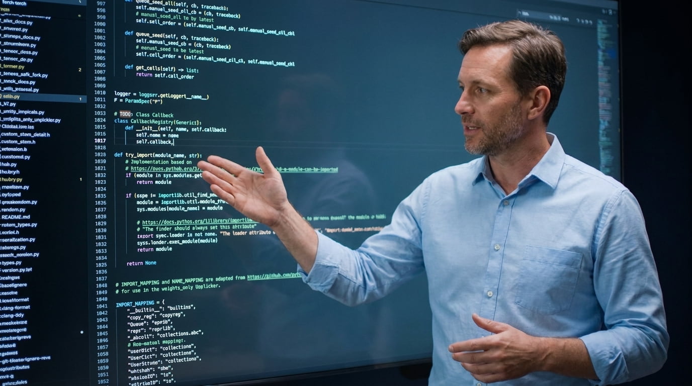 Technical instructor presenting code on a large display during expert-led training.