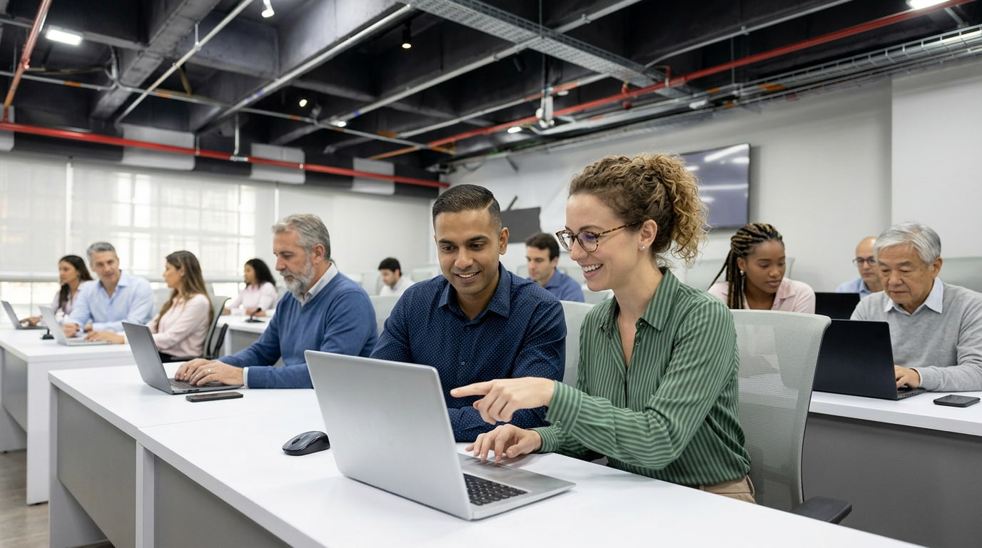 Instructor and learners collaborating during a live professional training session.